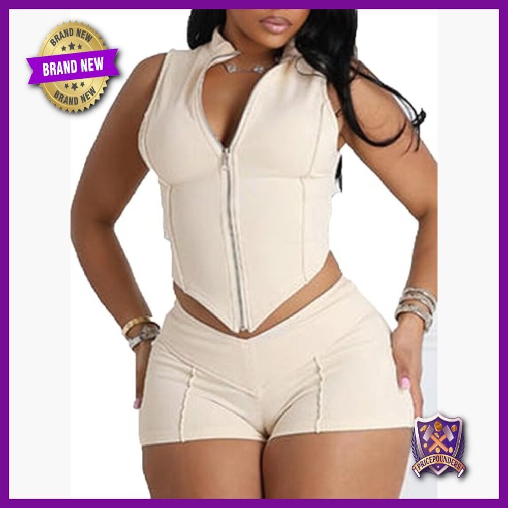 XXL Two Piece Set V Neck Zipper Top Bodycon Shorts Polyester Elastic